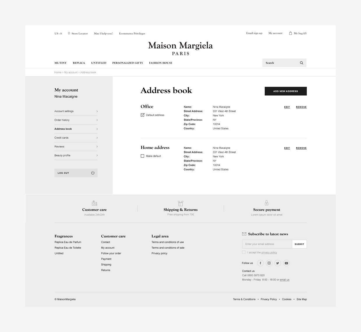 Address book of Maison Margiela website