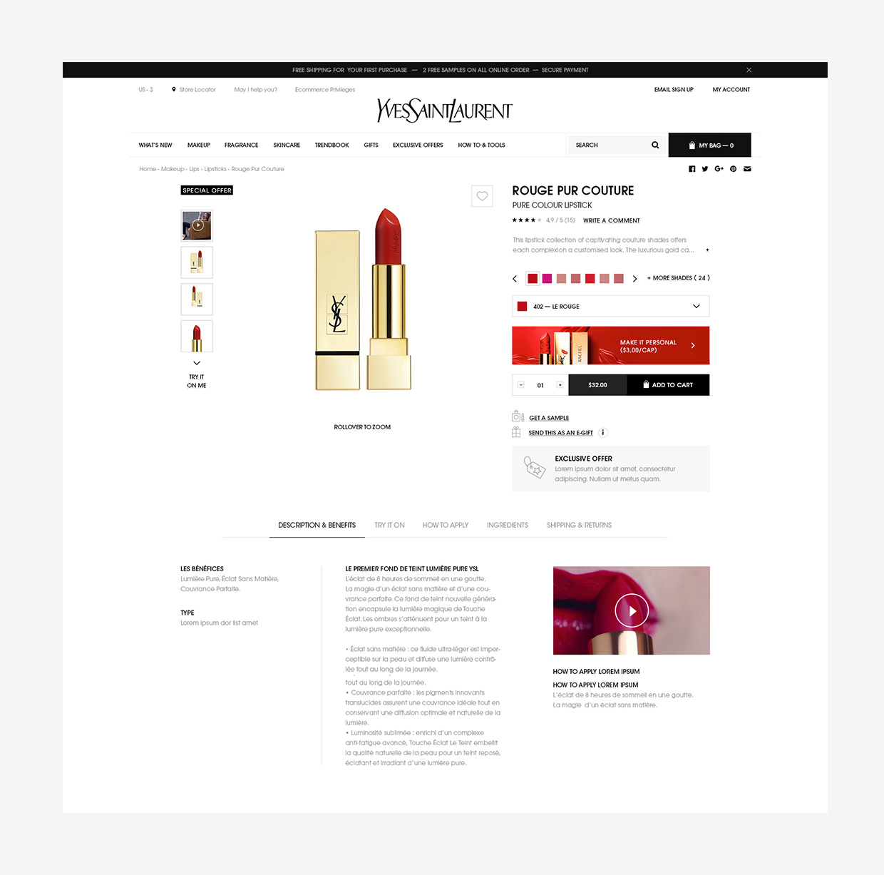Product page of YSL with personalization module