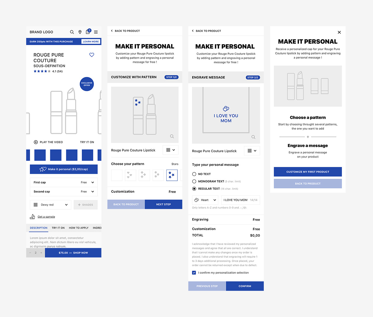 Details of YSL UX on caps personalisation on mobile